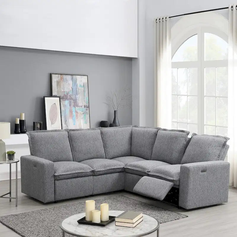 Canapé d'angle en lin gris avec dossiers inclinables électriques et ports USB