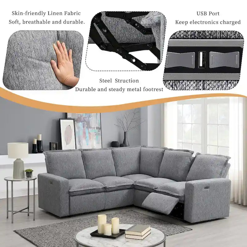 Canapé d'angle en lin gris avec dossiers inclinables électriques et ports USB