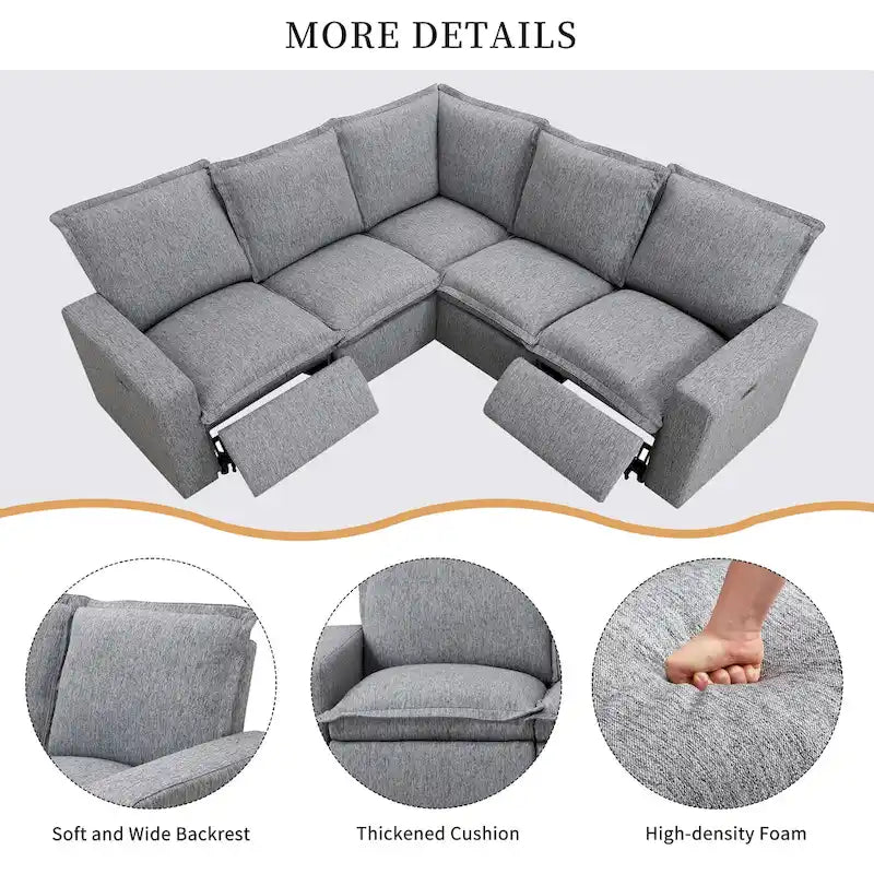 Canapé d'angle en lin gris avec dossiers inclinables électriques et ports USB
