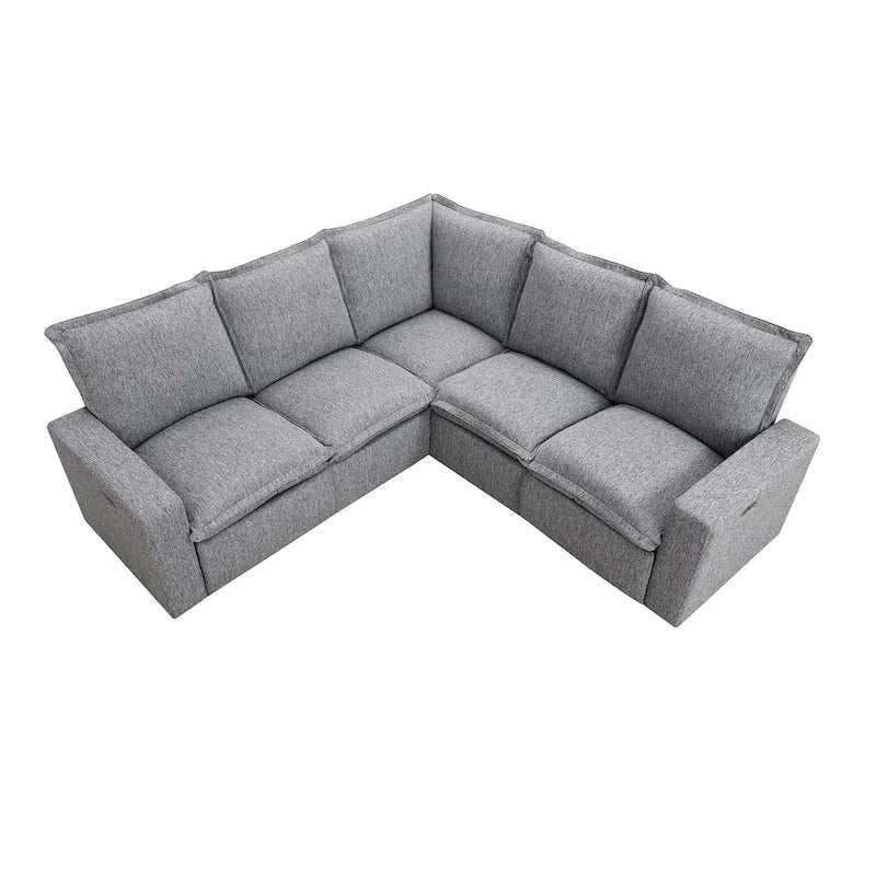 Canapé d'angle en lin gris avec dossiers inclinables électriques et ports USB