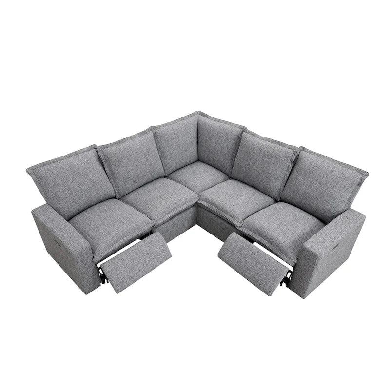 Canapé d'angle en lin gris avec dossiers inclinables électriques et ports USB