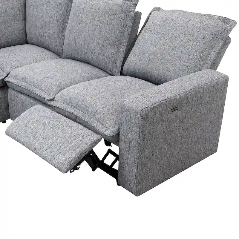 Canapé d'angle en lin gris avec dossiers inclinables électriques et ports USB