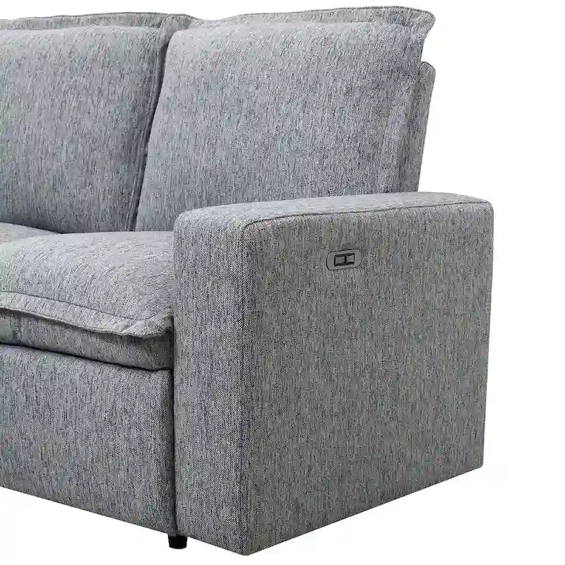 Canapé d'angle en lin gris avec dossiers inclinables électriques et ports USB