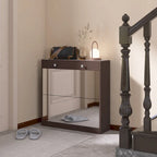 Meuble à chaussures miroir avec 2 tiroirs basculants et porte coulissante style grange, organisateur de chaussures autoportant avec tiroir et étagères