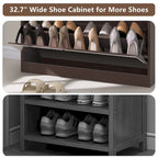 Meuble à chaussures miroir avec 2 tiroirs basculants et porte coulissante style grange, organisateur de chaussures autoportant avec tiroir et étagères