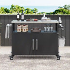 54,5 îlot de cuisine extérieur avec plateau en acier inoxydable, table de chariot de barbecue en métal avec armoire de rangement, étagère à épices