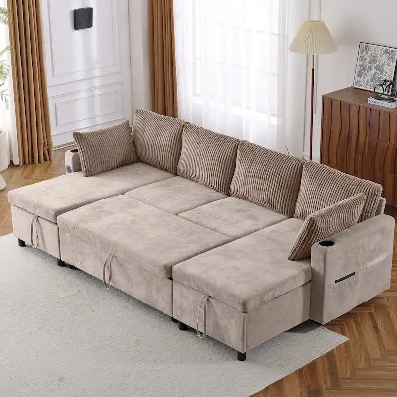 Canapé d'angle convertible avec grand espace de rangement, 2 ports USB et 2 porte-gobelets, en chenille capitonnée