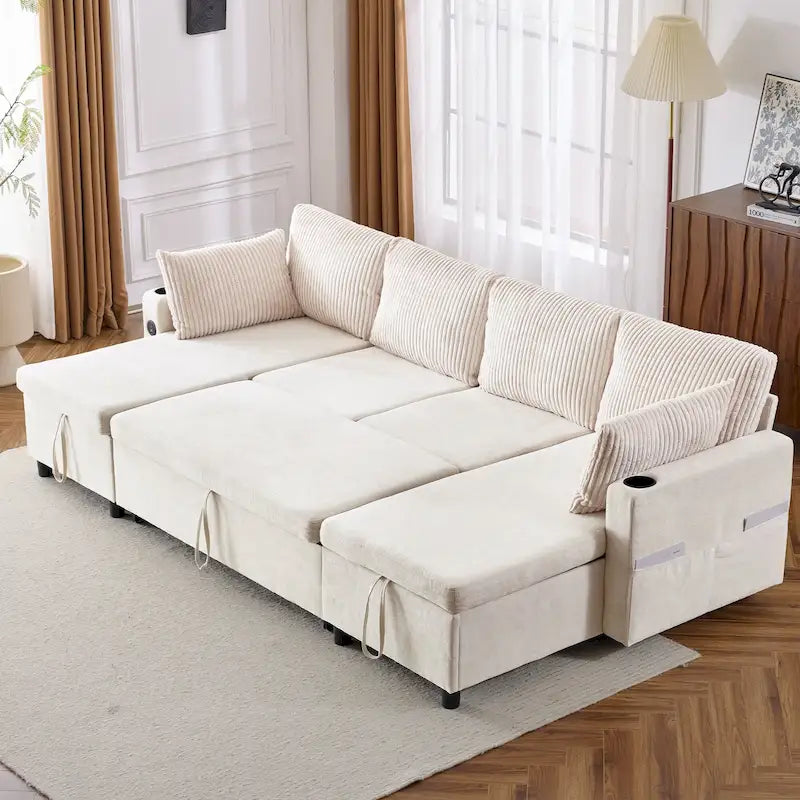 Canapé d'angle convertible avec grand espace de rangement, 2 ports USB et 2 porte-gobelets, en chenille capitonnée