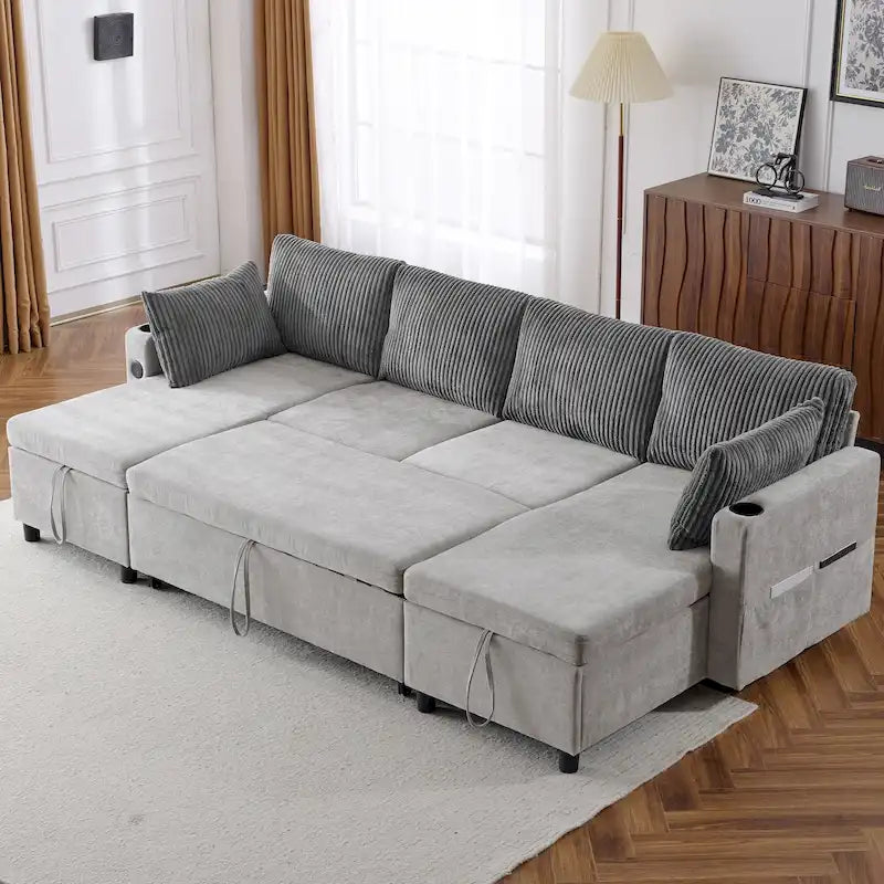 Canapé d'angle convertible avec grand espace de rangement, 2 ports USB et 2 porte-gobelets, en chenille capitonnée