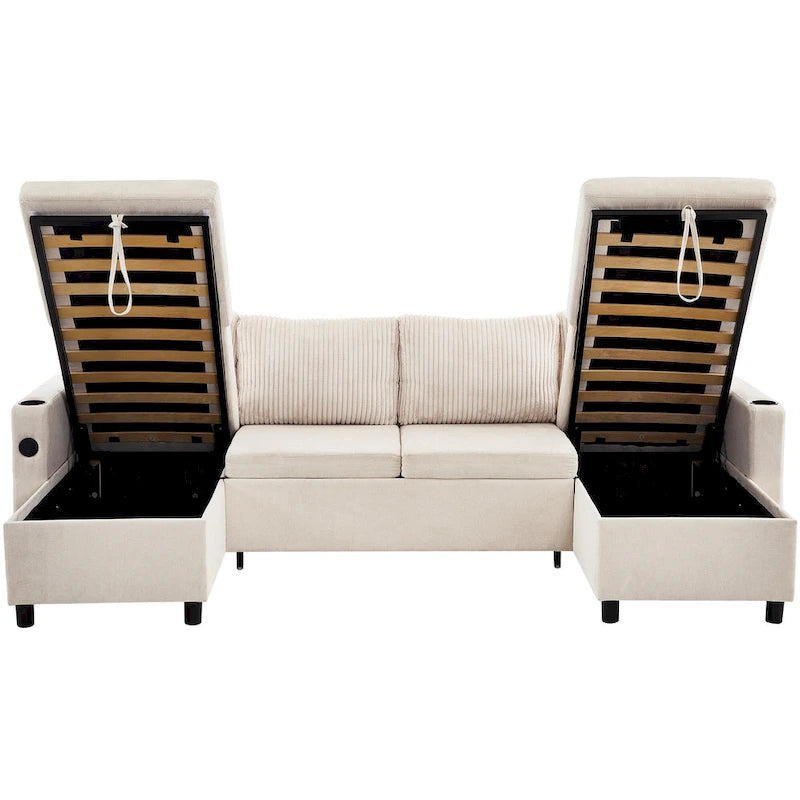 Canapé d'angle convertible avec grand espace de rangement, 2 ports USB et 2 porte-gobelets, en chenille capitonnée