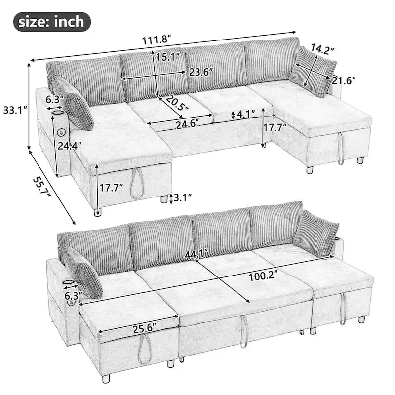 Canapé d'angle convertible avec grand espace de rangement, 2 ports USB et 2 porte-gobelets, en chenille capitonnée