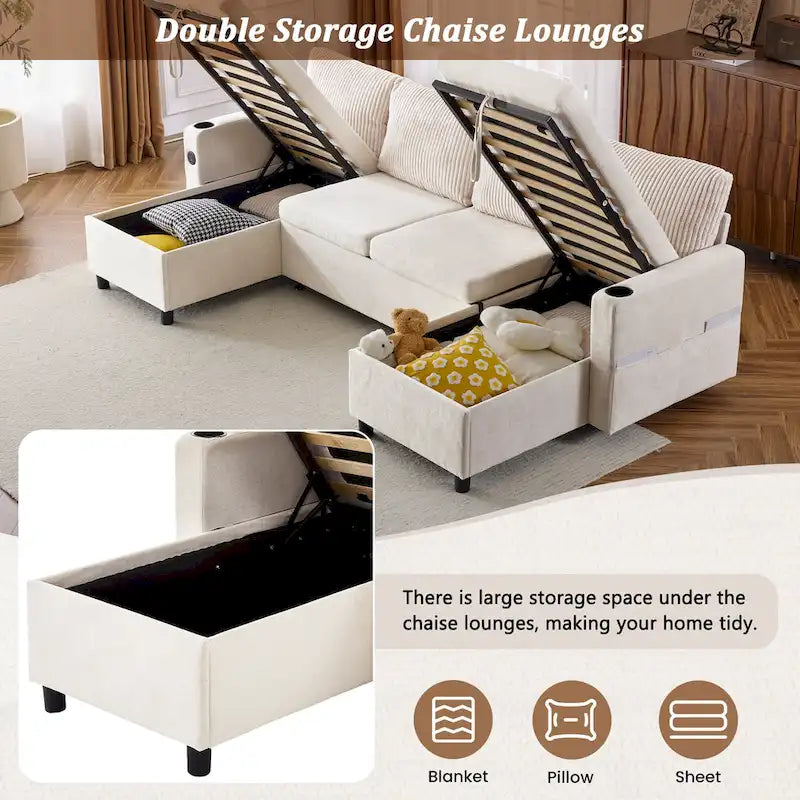Canapé d'angle convertible avec grand espace de rangement, 2 ports USB et 2 porte-gobelets, en chenille capitonnée