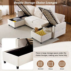 Canapé d'angle convertible avec grand espace de rangement, 2 ports USB et 2 porte-gobelets, en chenille capitonnée