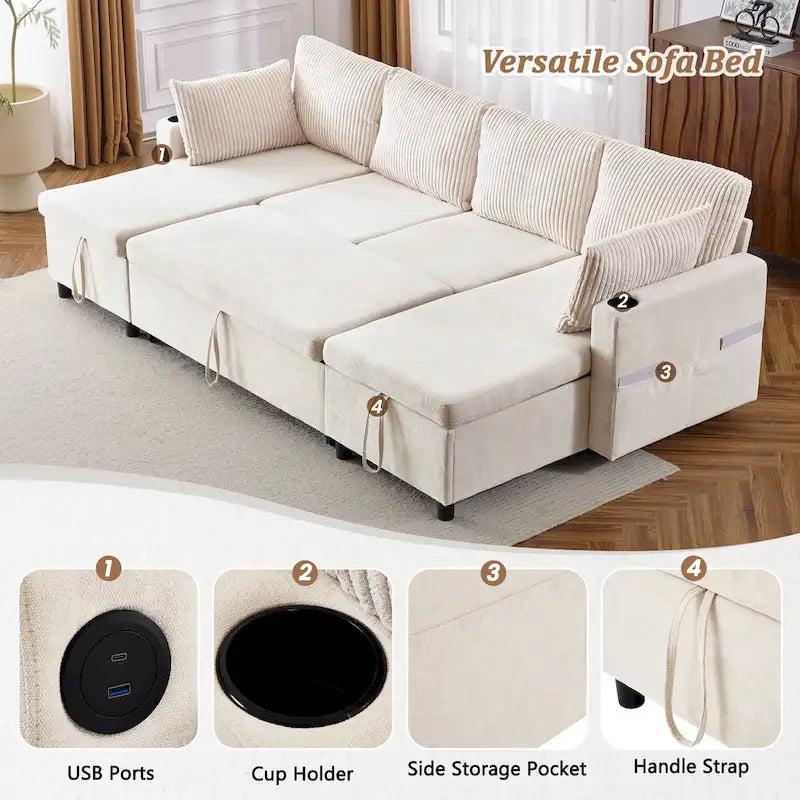 Canapé d'angle convertible avec grand espace de rangement, 2 ports USB et 2 porte-gobelets, en chenille capitonnée