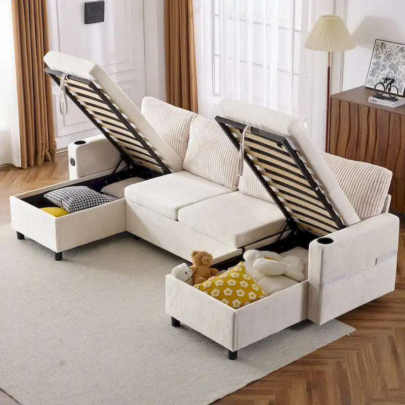 Canapé d'angle convertible avec grand espace de rangement, 2 ports USB et 2 porte-gobelets, en chenille capitonnée