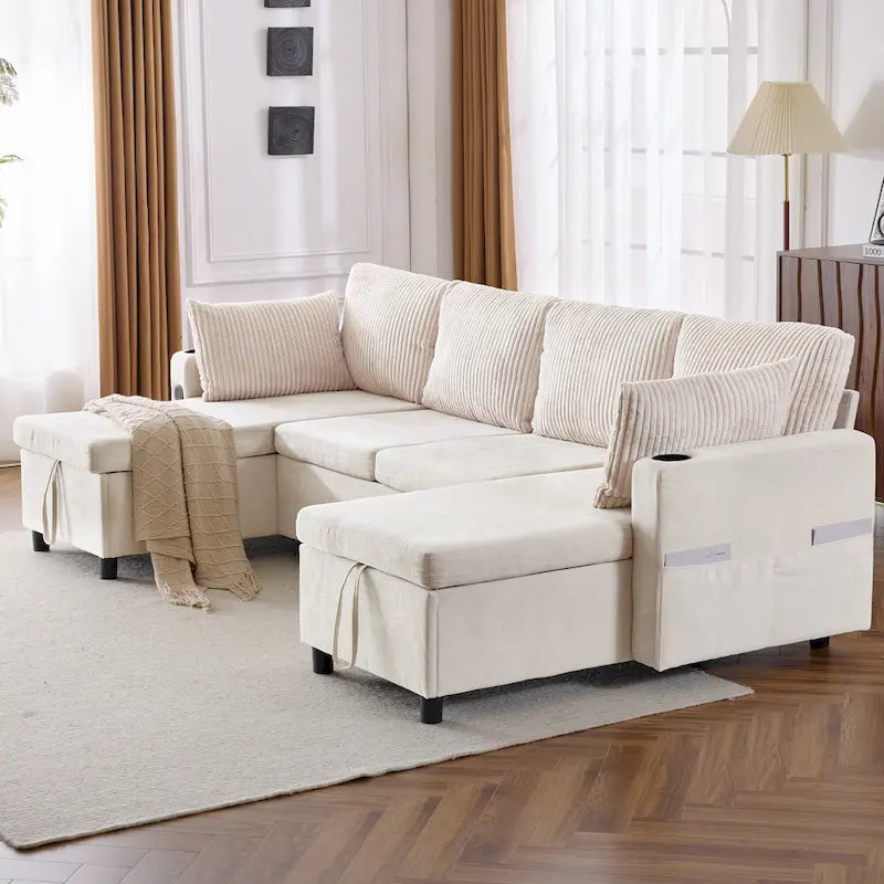 Canapé d'angle convertible avec grand espace de rangement, 2 ports USB et 2 porte-gobelets, en chenille capitonnée