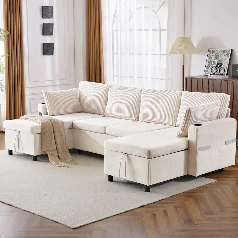Canapé d'angle convertible avec grand espace de rangement, 2 ports USB et 2 porte-gobelets, en chenille capitonnée