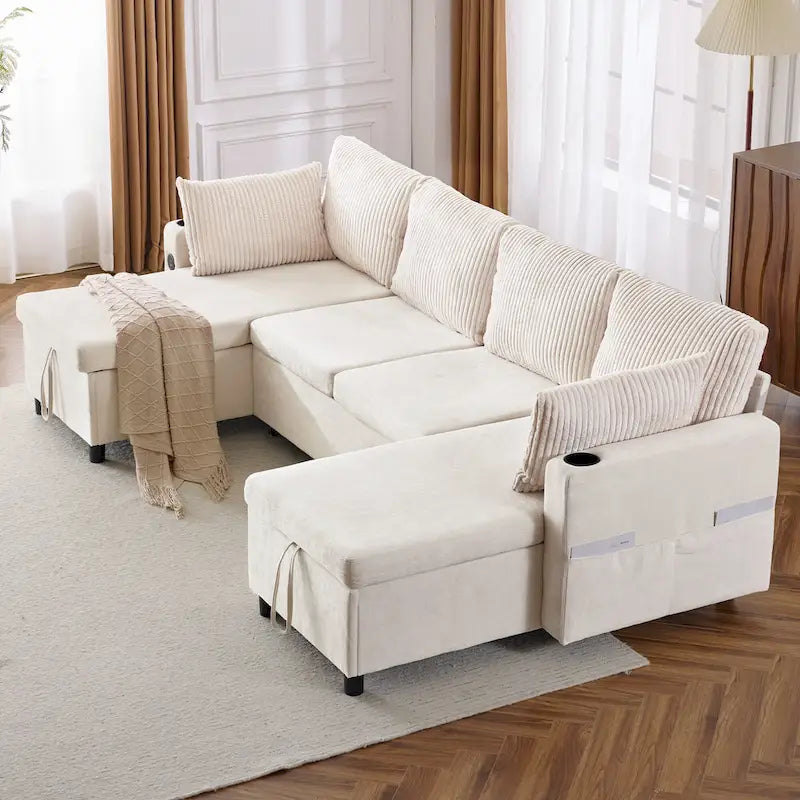 Canapé d'angle convertible avec grand espace de rangement, 2 ports USB et 2 porte-gobelets, en chenille capitonnée