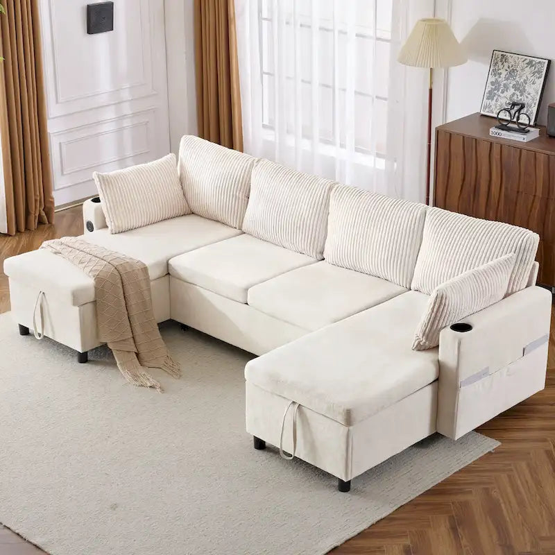 Canapé d'angle convertible avec grand espace de rangement, 2 ports USB et 2 porte-gobelets, en chenille capitonnée