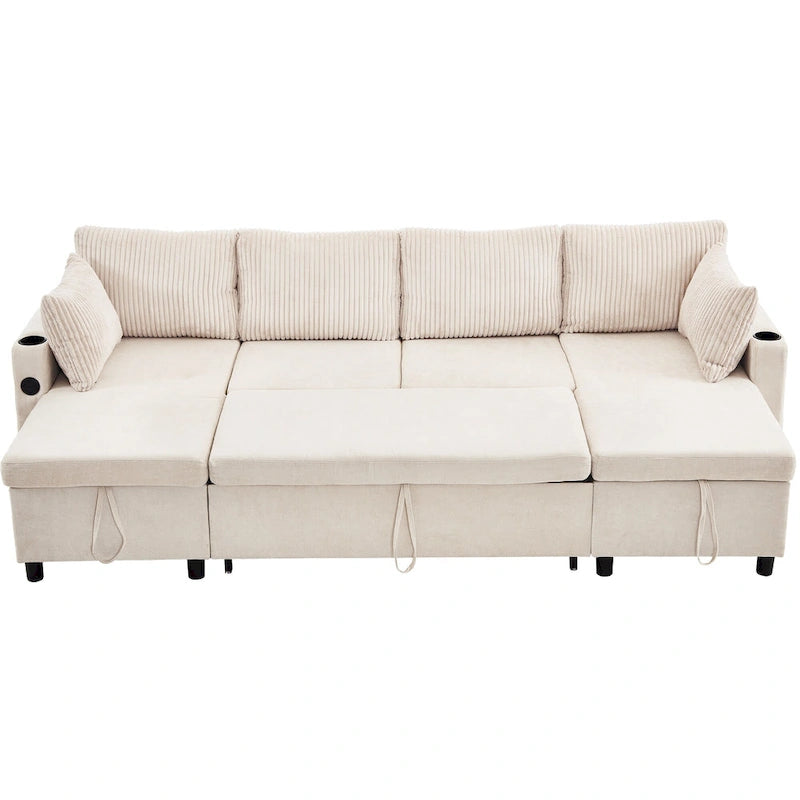 Canapé d'angle convertible avec grand espace de rangement, 2 ports USB et 2 porte-gobelets, en chenille capitonnée