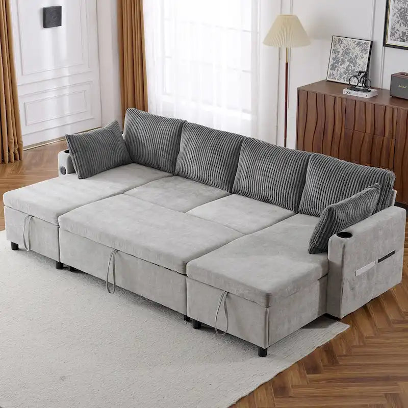 Canapé d'angle convertible avec grand espace de rangement, 2 ports USB et 2 porte-gobelets, en chenille capitonnée