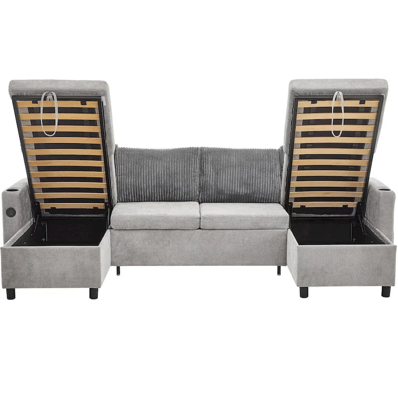 Canapé d'angle convertible avec grand espace de rangement, 2 ports USB et 2 porte-gobelets, en chenille capitonnée