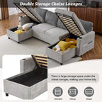 Canapé d'angle convertible avec grand espace de rangement, 2 ports USB et 2 porte-gobelets, en chenille capitonnée