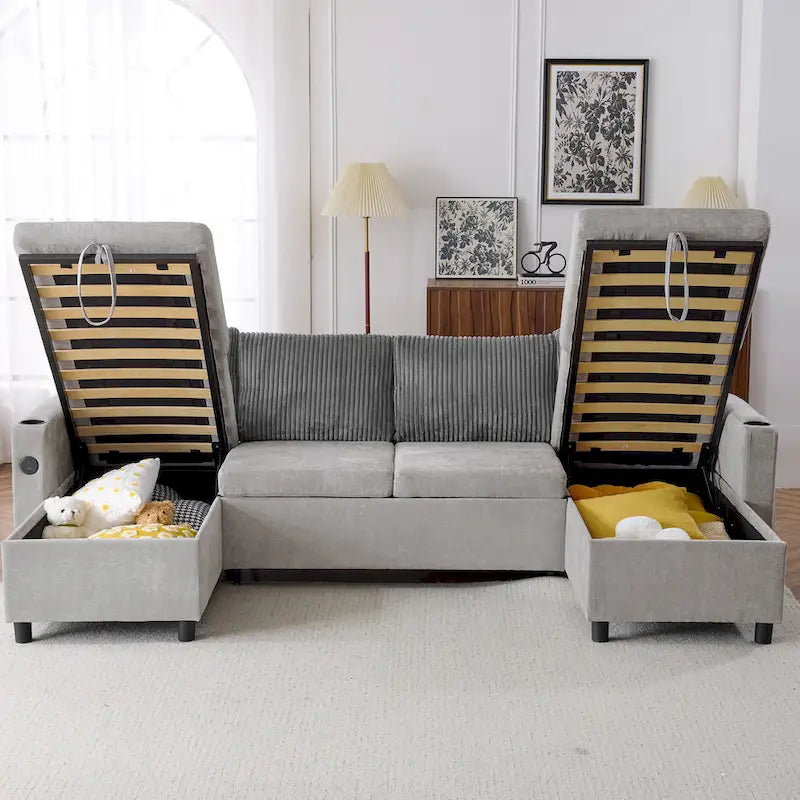 Canapé d'angle convertible avec grand espace de rangement, 2 ports USB et 2 porte-gobelets, en chenille capitonnée