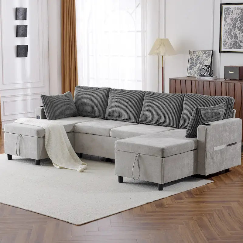 Canapé d'angle convertible avec grand espace de rangement, 2 ports USB et 2 porte-gobelets, en chenille capitonnée
