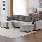 Canapé d'angle convertible avec grand espace de rangement, 2 ports USB et 2 porte-gobelets, en chenille capitonnée