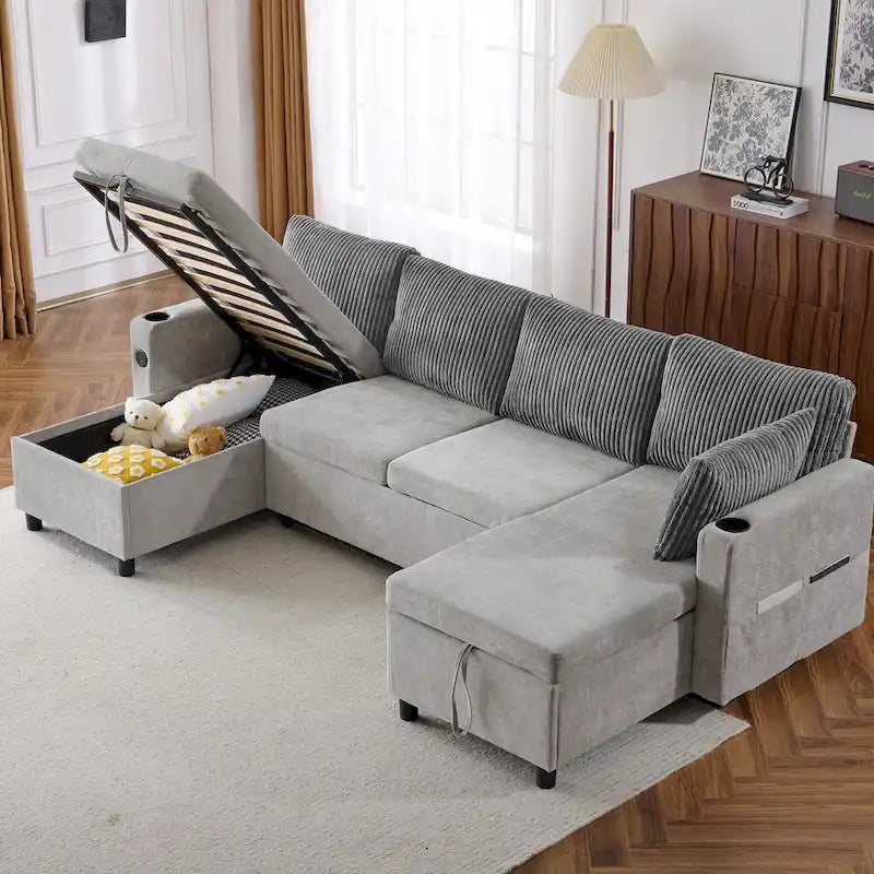 Canapé d'angle convertible avec grand espace de rangement, 2 ports USB et 2 porte-gobelets, en chenille capitonnée