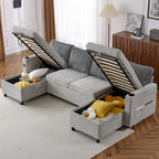 Canapé d'angle convertible avec grand espace de rangement, 2 ports USB et 2 porte-gobelets, en chenille capitonnée