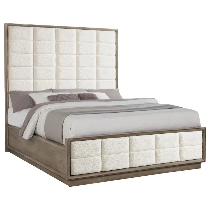 Lit California King, matelas matelassé en maille ivoire, Chêne brun