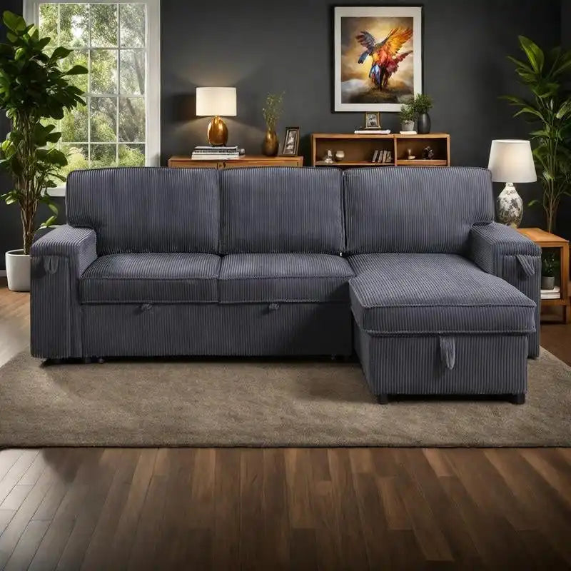 Canapé-lit trois places en chenille de 244 cm avec méridienne de rangement