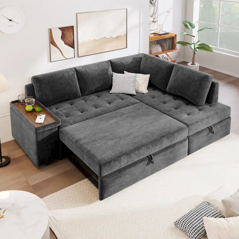 Canapé d'angle en L 4 places 91,5 po avec lit gigogne, rangement intégré et accoudoirs fonctionnels, pour salon