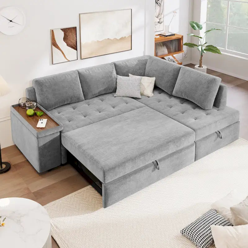 Canapé d'angle en L 4 places 91,5 po avec lit gigogne, rangement intégré et accoudoirs fonctionnels, pour salon