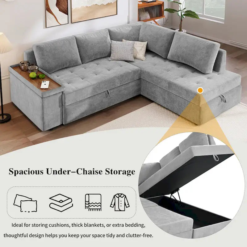 Canapé d'angle en L 4 places 91,5 po avec lit gigogne, rangement intégré et accoudoirs fonctionnels, pour salon
