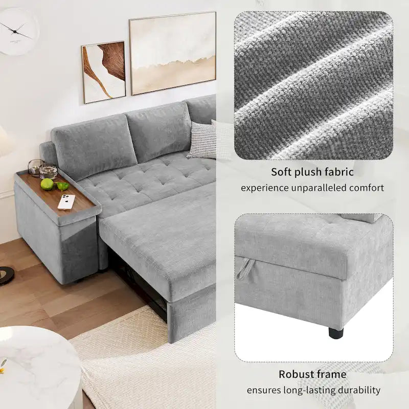 Canapé d'angle en L 4 places 91,5 po avec lit gigogne, rangement intégré et accoudoirs fonctionnels, pour salon