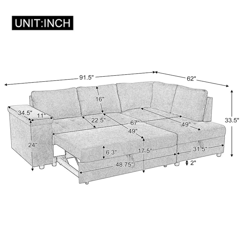 Canapé d'angle en L 4 places 91,5 po avec lit gigogne, rangement intégré et accoudoirs fonctionnels, pour salon
