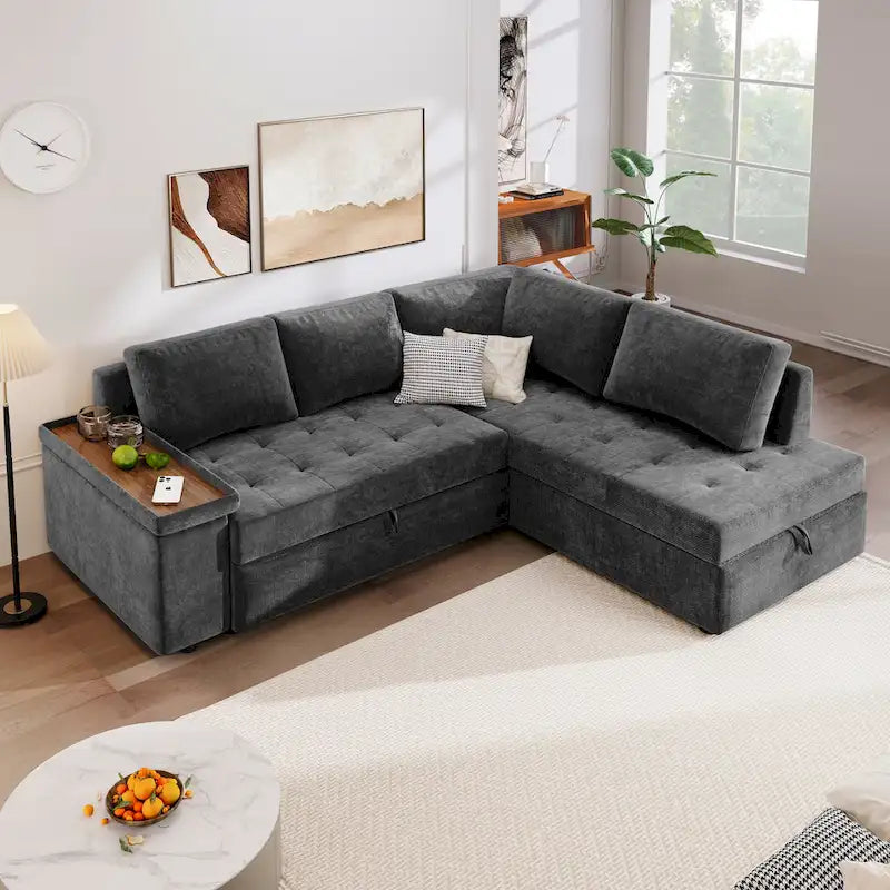 Canapé d'angle en L 4 places 91,5 po avec lit gigogne, rangement intégré et accoudoirs fonctionnels, pour salon