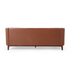 Canapé 3 places moderne marron clair en similicuir avec boutons touffetés et pieds en bois pour salon