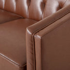 Canapé 3 places moderne marron clair en similicuir avec boutons touffetés et pieds en bois pour salon