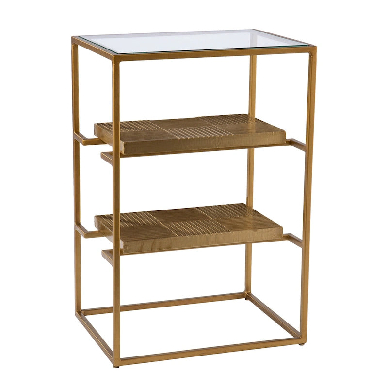 Table d'appoint à plateau en verre avec étagères, laiton
