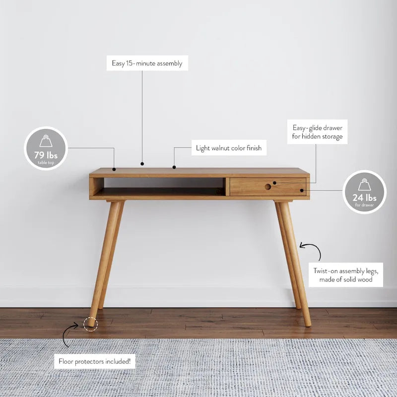 Bureau en noyer avec rangement ouvert et petits tiroirs