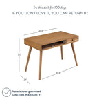 Bureau en noyer avec rangement ouvert et petits tiroirs