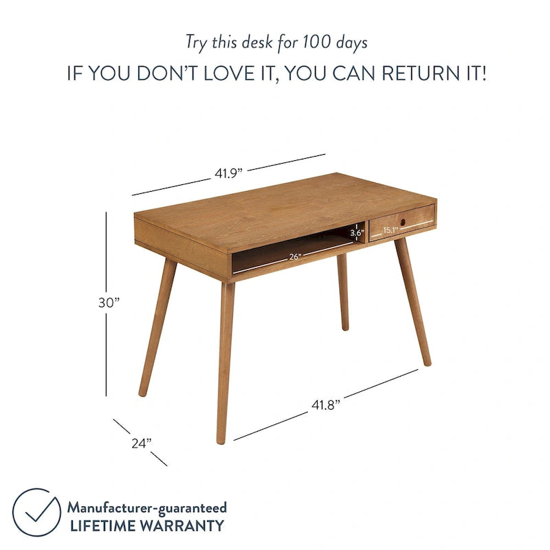Bureau en noyer avec rangement ouvert et petits tiroirs