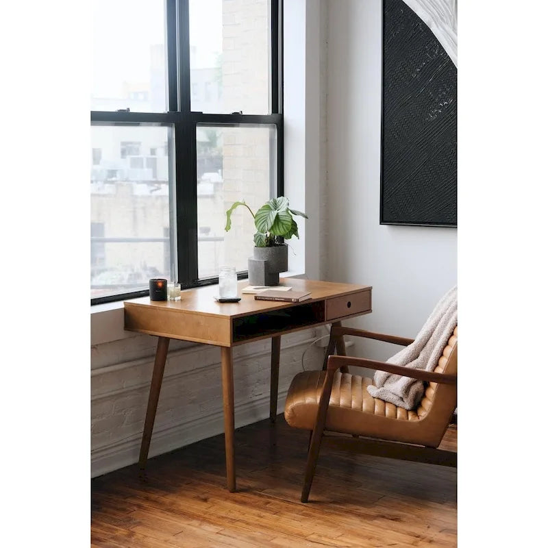 Bureau en noyer avec rangement ouvert et petits tiroirs