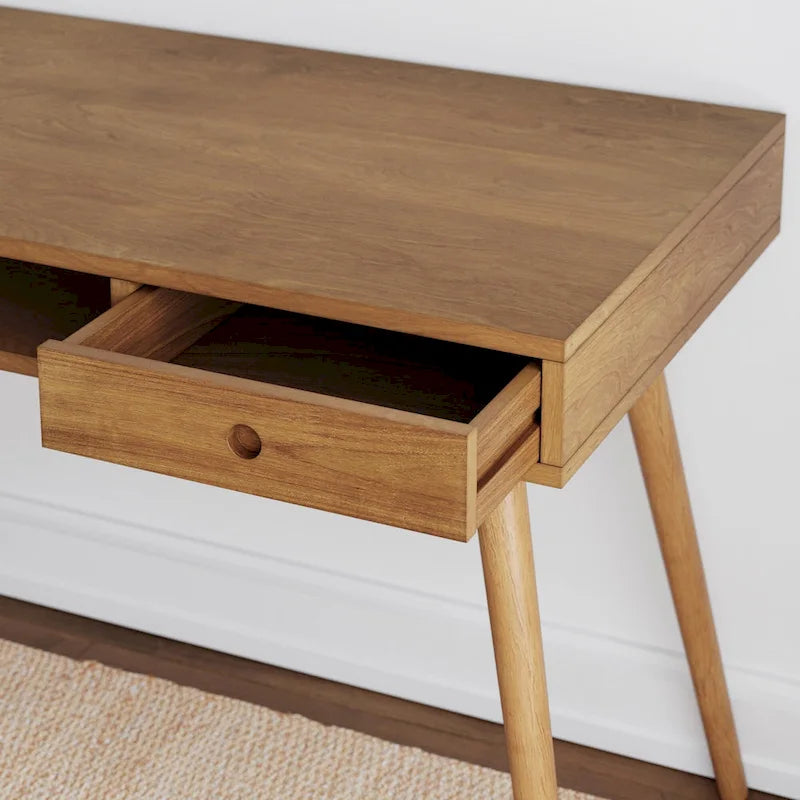 Bureau en noyer avec rangement ouvert et petits tiroirs