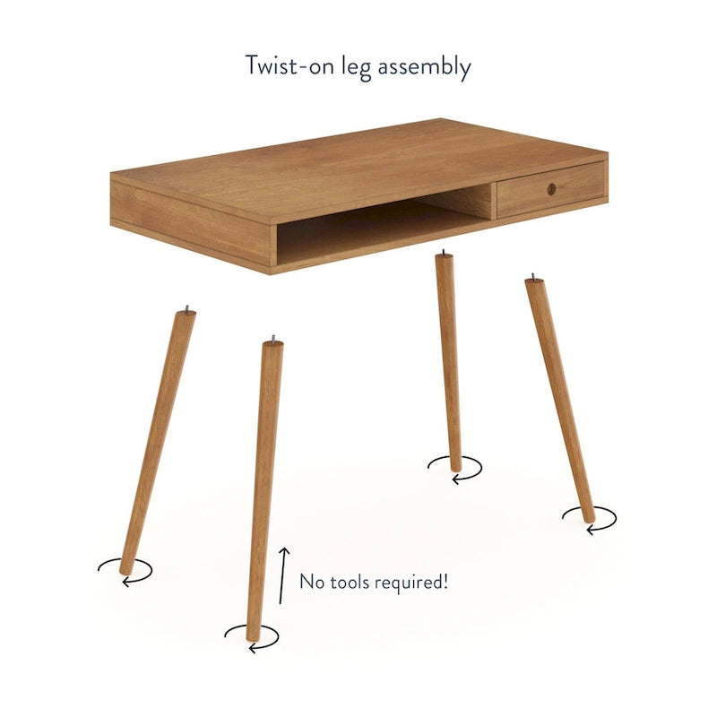 Bureau en noyer avec rangement ouvert et petits tiroirs