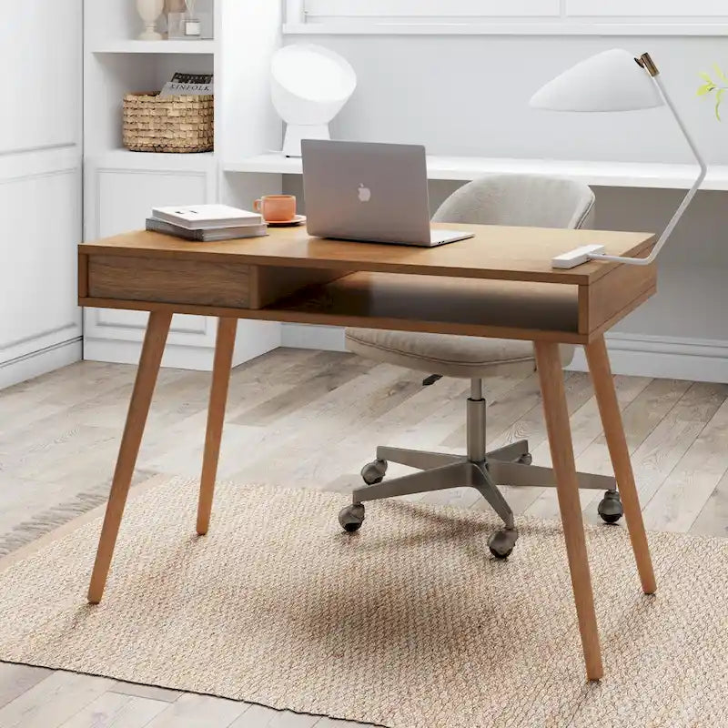 Bureau en noyer avec rangement ouvert et petits tiroirs